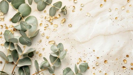 Green Eucalyptus Leaves and Golden Glitter on Marble Background
