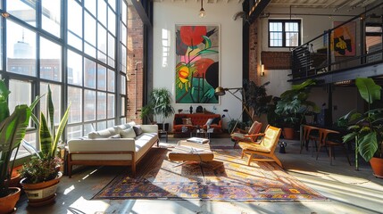 a minimalist new york city loft with light beaming through large metal frame windows, dramatic,...