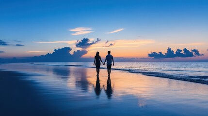 Fototapeta premium Silhouette of a Couple on the Beach at Sunrise: Show the tender silhouette of a couple holding hands and walking along a serene beach as the first light of dawn begins to illuminate the sky and water.