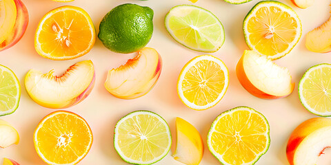Fototapeta premium Seamless Abstract Colorful Flat Lay of Different Cut Lime, Citrus Fruits Slices, and Jellies Arranged in a Pattern Print for Textile, Packaging, Banner, Decor, Wrap, Fashion, Accessories, Web, Social.