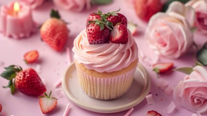 A Single Strawberry Cupcake with Pink Frosting and Roses on a Pink Background