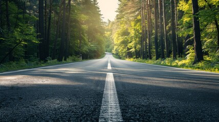 Fototapeta premium Asphalt Road Through a Forest of Lush Green Trees