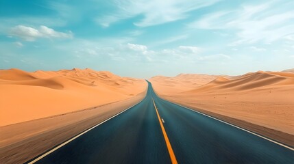 Endless desert road winding through arid landscape of sand dunes and solitude