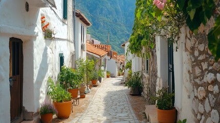 Naklejka premium Narrow Winding Road Through Picturesque Village for Charming Cultural Travel Adventure