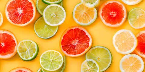 Obraz premium Seamless Abstract Colorful Flat Lay of Different Cut Lime, Citrus Fruits Slices, and Jellies Arranged in a Pattern Print for Textile, Packaging, Banner, Decor, Wrap, Fashion, Accessories, Web, Social.