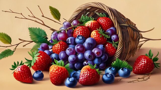 cornucopia filled with fresh strawberries, blueberries, and green grapes. The wicker cornucopia spills the colorful fruits onto a warm-toned surface