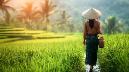 Woman Wearing Traditional Hat Walking Through Lush Green Rice Fields in Tropical Asia