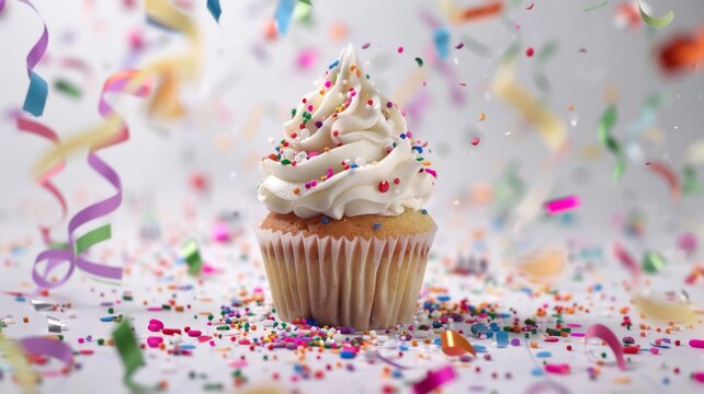 A Single Cupcake Surrounded by Confetti