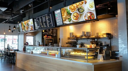 Blank mock up for menu board display screen, for restaurant cafe food business. Warm cozy atmosphere
