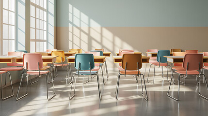 Classroom Seating Arrangement: Diverse seating arrangements with desks and chairs, classroom, with copy space