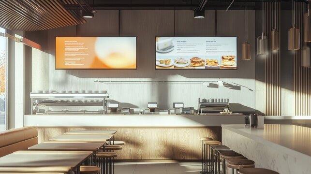 Blank mock up for menu board display screen, for restaurant cafe food business. Warm cozy atmosphere
