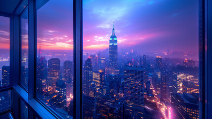 Obraz premium New York City view from a tall place, blue hour,generative ai
