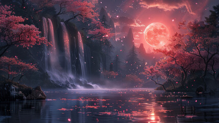 Fototapeta premium most stunning view of waterfalls with a gorgeous full moon in distance cherry blossoms trees at edge with a few intense color flowers.generative ai