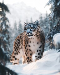 Fototapeta premium Majestic Snow Leopard in Winter Landscapes at Sunset - Stunning Wildlife Photography Capturing Elusive Panthera Uncia in Snowy Mountain Habitat