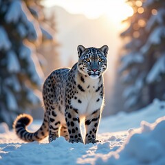 Fototapeta premium Majestic Snow Leopard in Winter Landscapes at Sunset - Stunning Wildlife Photography Capturing Elusive Panthera Uncia in Snowy Mountain Habitat