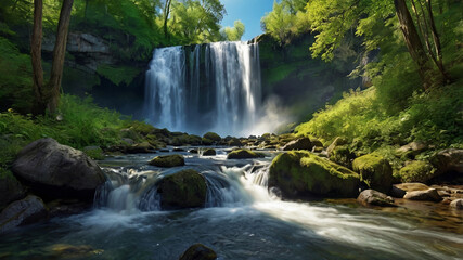 Fototapeta premium waterfall in the forest landscape natural scenery wallpaper background