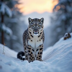 Fototapeta premium Majestic Snow Leopard in Winter Landscapes at Sunset - Stunning Wildlife Photography Capturing Elusive Panthera Uncia in Snowy Mountain Habitat