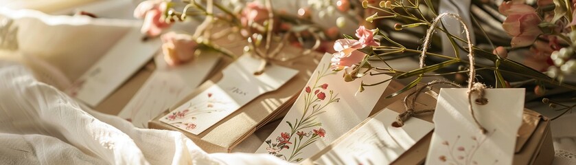 Vintage-inspired wedding favor tags with calligraphy.Highly detailes , 8K