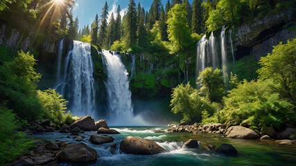 Obraz premium waterfall in the forest landscape natural scenery wallpaper background