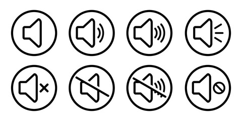 Speaker volume and mute icon in circle outline. Simple sound volume and audio mute mark symbol design illustration. Multimedia audio music, electronic devices, tapes, computer graphics. Editable icon