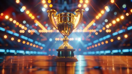 Golden Trophy on a Stage with Blurred Lights