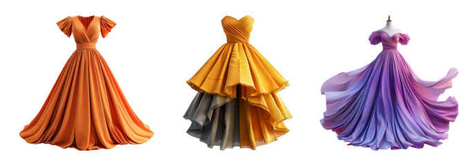 Ball gowns set isolated on transparent background with elegant formal dresses in various designs