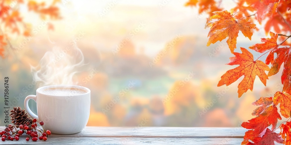 Wall mural A cup of coffee on a table overlooking a beautiful autumn scene with blurred background and open copy space. 