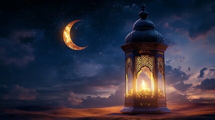 Fototapeta premium Eid Mubarak and Ramadan Kareem greetings with an Islam crescent, lantern, mosque bokeh background