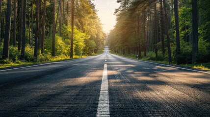 Obraz premium A Straight Asphalt Road Through a Forest of Tall Trees