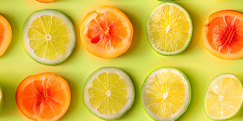 Fototapeta premium Seamless Abstract Colorful Flat Lay of Different Cut Lime, Citrus Fruits Slices, and Jellies Arranged in a Pattern Print for Textile, Packaging, Banner, Decor, Wrap, Fashion, Accessories, Web, Social.