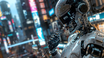 Fototapeta premium White Humanoid Robot Reaching for Hologram