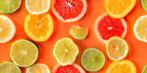 Fototapeta premium Seamless Abstract Colorful Flat Lay of Different Cut Lime, Citrus Fruits Slices, and Jellies Arranged in a Pattern Print for Textile, Packaging, Banner, Decor, Wrap, Fashion, Accessories, Web, Social.