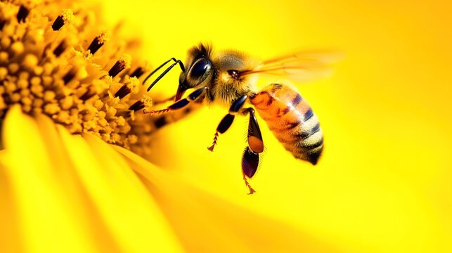 Honeybee Dancing on a Daisy at Sunrise, Capturing the Beauty of Nature's Early Morning Ritual