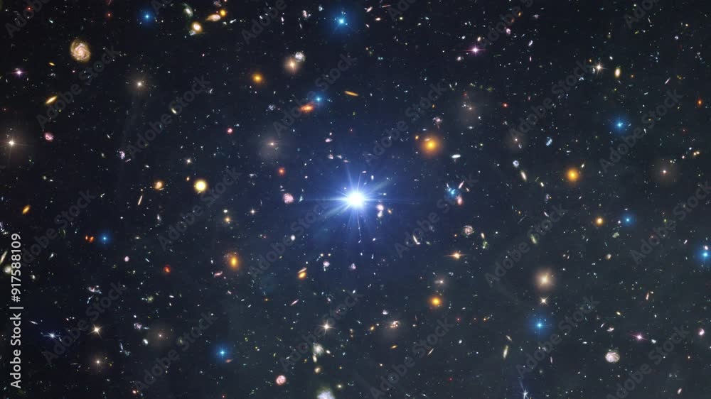 Wall mural space travel flight into 10000 galaxies of various ages. 3d rendering of fly through in a space gala