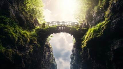 Fototapeta premium Sunlit stone bridge with 2025 marking spans between moss-covered cliffs under bright sky