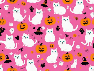 Fototapeta premium Abstract neon Halloween pattern illustration of cute ghost cats, pumpkins and candies on pink background