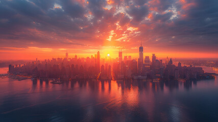 Naklejka premium super busy city bird view, epic energy, sunrise light.generative ai