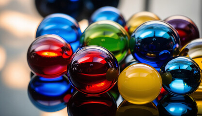 Colorful glass marbles with reflections on a glossy surface