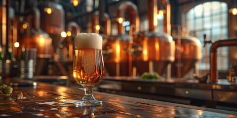 A modern brewery with copper tanks and pipes, in the foreground a bar with a large glass of beer in the middle of the frame.generative ai