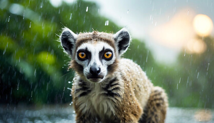 Fototapeta premium Wet lemur in the rain with intense gaze and blurred jungle background