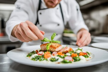 Chef Garnishing Gourmet Dish in Professional Kitchen.