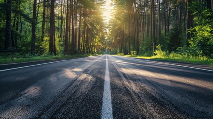 Obraz premium A Sunlit Road Through a Lush Green Forest