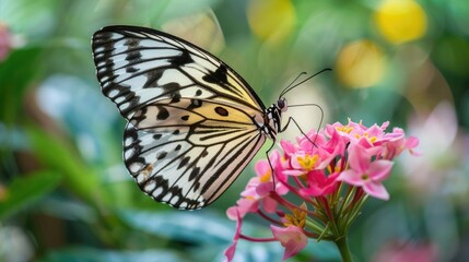 Fototapeta premium A stunning butterfly perched on vibrant flowers, showcasing nature's beauty in a lush garden setting.