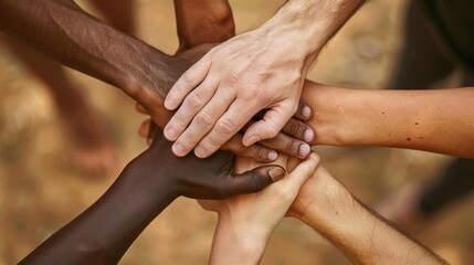 United hands symbolizing collaboration, diversity, and teamwork in a harmonious community setting.