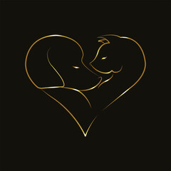 Pet love. Animal care. Pets cat and dog love concept. Line art. Pet Shop. For store, veterinary clinic, hospital, shelter, business services. Glowing neon line. Isolated on black background. Pet care
