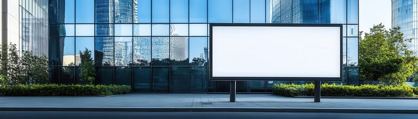 Blank billboard in front of modern glass office buildings, perfect for advertisements, with reflections of the cityscape in the background.