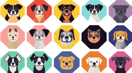 Fototapeta premium 「【ポップで魅力的な犬アイコン】カラフルな15種類の犬種イラストセット