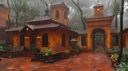 Stunning Spanish Colonial Revival House with Courtyard and Archway Surrounded by a Misty Forest Creating a Mystical Atmosphere