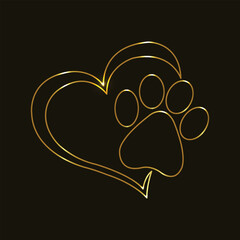 Neon paw print with heart. Pet love. Dog love. Line art. Glowing neon line. Isolated on black background. Dog - friend of human. Animal charity. Pet rescue and adoption. Animal care. Pet affection. 
