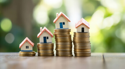 Real estate market growth and property value, with small houses standing on top stacks of coins, against blurred green background